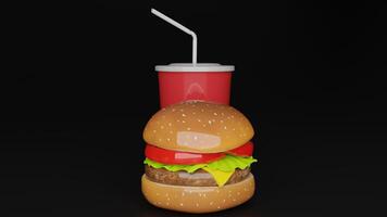 a hamburger with a drink and straw sitting on top of it photo