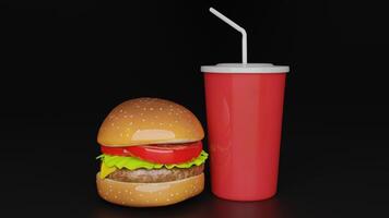 a hamburger with a drink and straw sitting on top of it photo