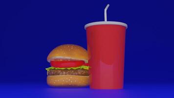 a hamburger with a drink and straw sitting on top of it photo