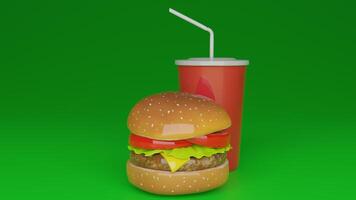 a hamburger with a drink and straw sitting on top of it photo