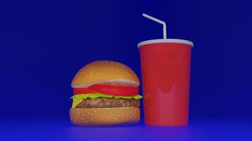 a hamburger with a drink and straw sitting on top of it photo