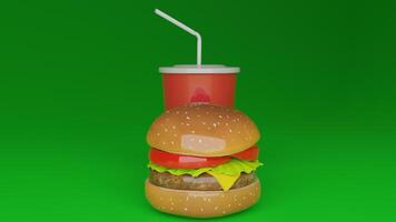 a hamburger with a drink and straw sitting on top of it photo