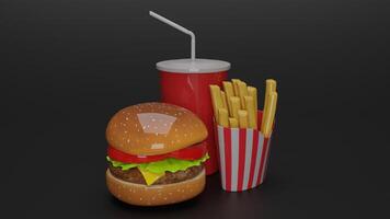 a hamburger and fries on a black background photo