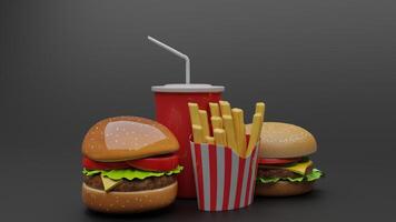 a hamburger and fries on a black background photo
