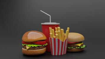 a hamburger and fries on a black background photo