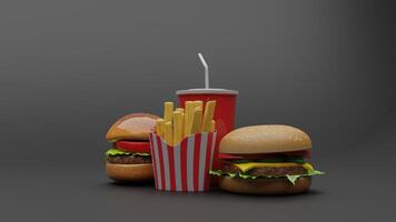 a hamburger and fries on a black background photo