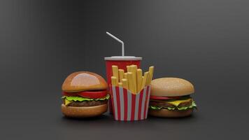 a hamburger and fries on a black background photo