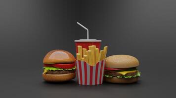 a hamburger and fries on a black background photo
