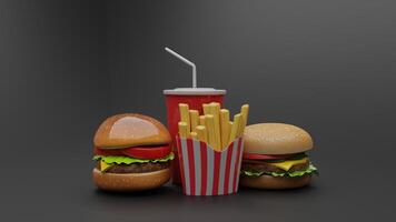 a hamburger and fries on a black background photo