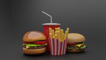 a hamburger and fries on a black background photo