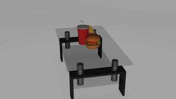 a 3d model of a table with a hamburger and soda photo