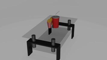 a 3d model of a table with a hamburger and soda photo