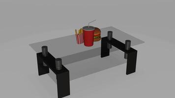 a 3d model of a table with a hamburger and soda photo