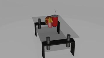 a 3d model of a table with a hamburger and soda photo