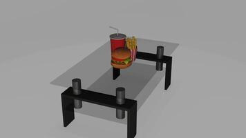 a 3d model of a table with a hamburger and soda photo