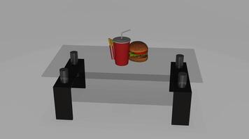 a 3d model of a table with a hamburger and soda photo