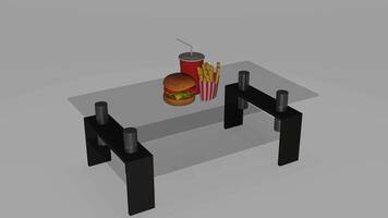 a 3d model of a table with a hamburger and soda photo