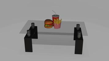 a 3d model of a table with a hamburger and soda photo