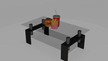 a 3d model of a table with a hamburger and soda photo