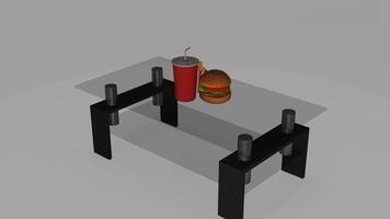 a 3d model of a table with a hamburger and soda photo