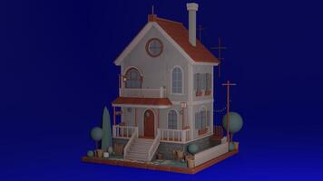 A 3d model of a house with a porch and a tree photo