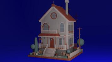 A 3d model of a house with a porch and a tree photo