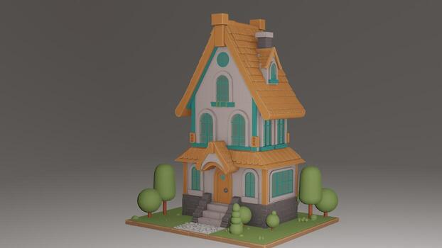 A 3d model of a house with a tree in front of it photo