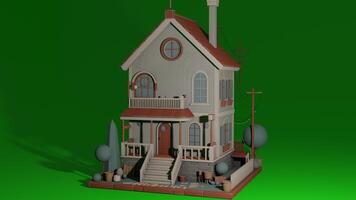 A 3d model of a house with a porch and a tree photo