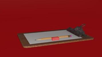 A red background with a pen and a clipboard photo