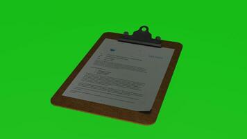 A clipboard with a paper on it on a green screen photo