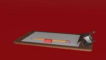 A clipboard with a pen and scissors on it photo
