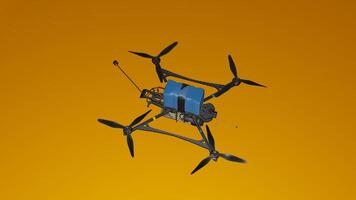 A small drone flying in the air on a yellow background photo