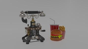 A hamburger and a telephone next to a soda photo