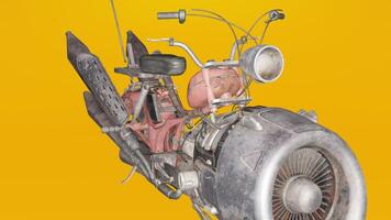 A motorcycle with a large engine and a large propeller photo