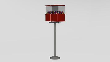 A red gumball machine with a stand on top photo