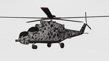 A helicopter with camouflage paint on it is flying in the air photo