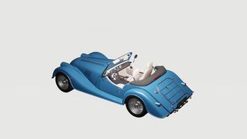 A blue car with a white roof and a white dog in the back seat photo