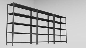 A black metal shelf with several shelves on it photo