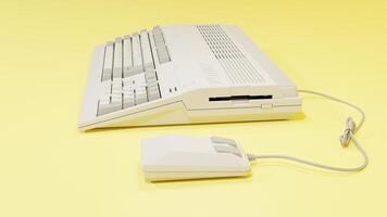 A white computer keyboard and mouse on a yellow surface photo