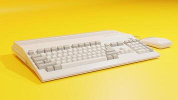 A white computer keyboard and mouse on a yellow background photo