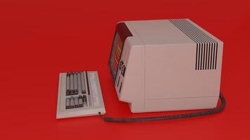 An old computer with a keyboard and mouse on a red background photo