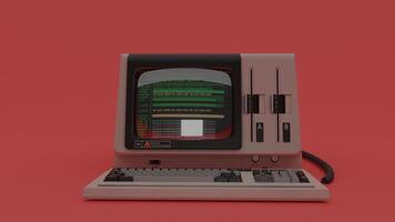 An old computer with a keyboard and monitor on a red background photo