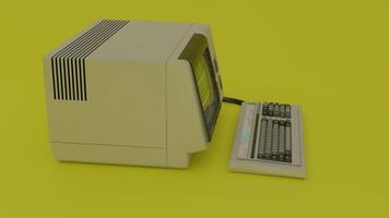 An old computer with a keyboard and mouse on a yellow background photo