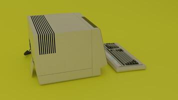 An old computer with a keyboard and mouse on a yellow background photo