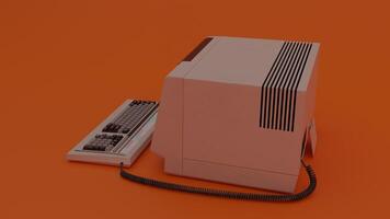 An old computer with a keyboard and mouse on an orange background photo