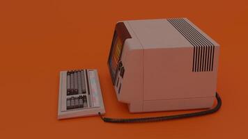 An old computer with a keyboard and mouse on an orange background photo