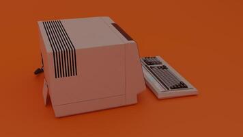 An old computer with a keyboard and mouse on an orange background photo