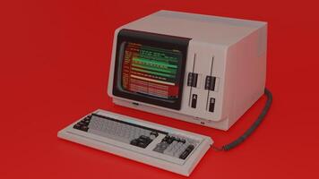 An old computer with a keyboard and monitor on a red background photo