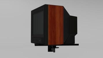 A computer monitor with a wooden stand on a gray background photo