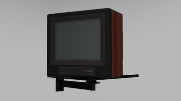 A small television on a stand with a black screen photo